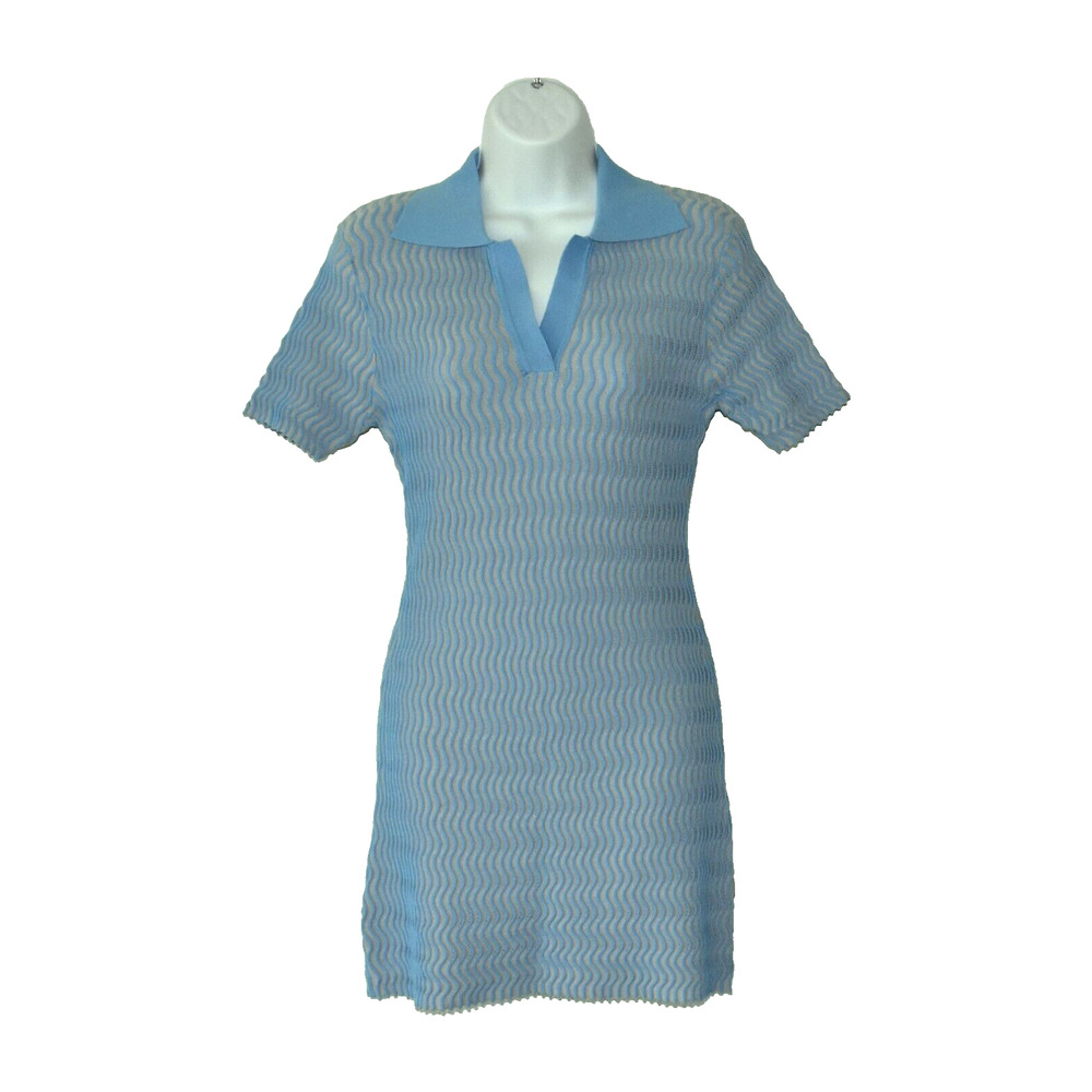 B0 NWT SIEMPRE Azelia Blue Short Sleeve Collared Sweater Mini Dress Size S $148